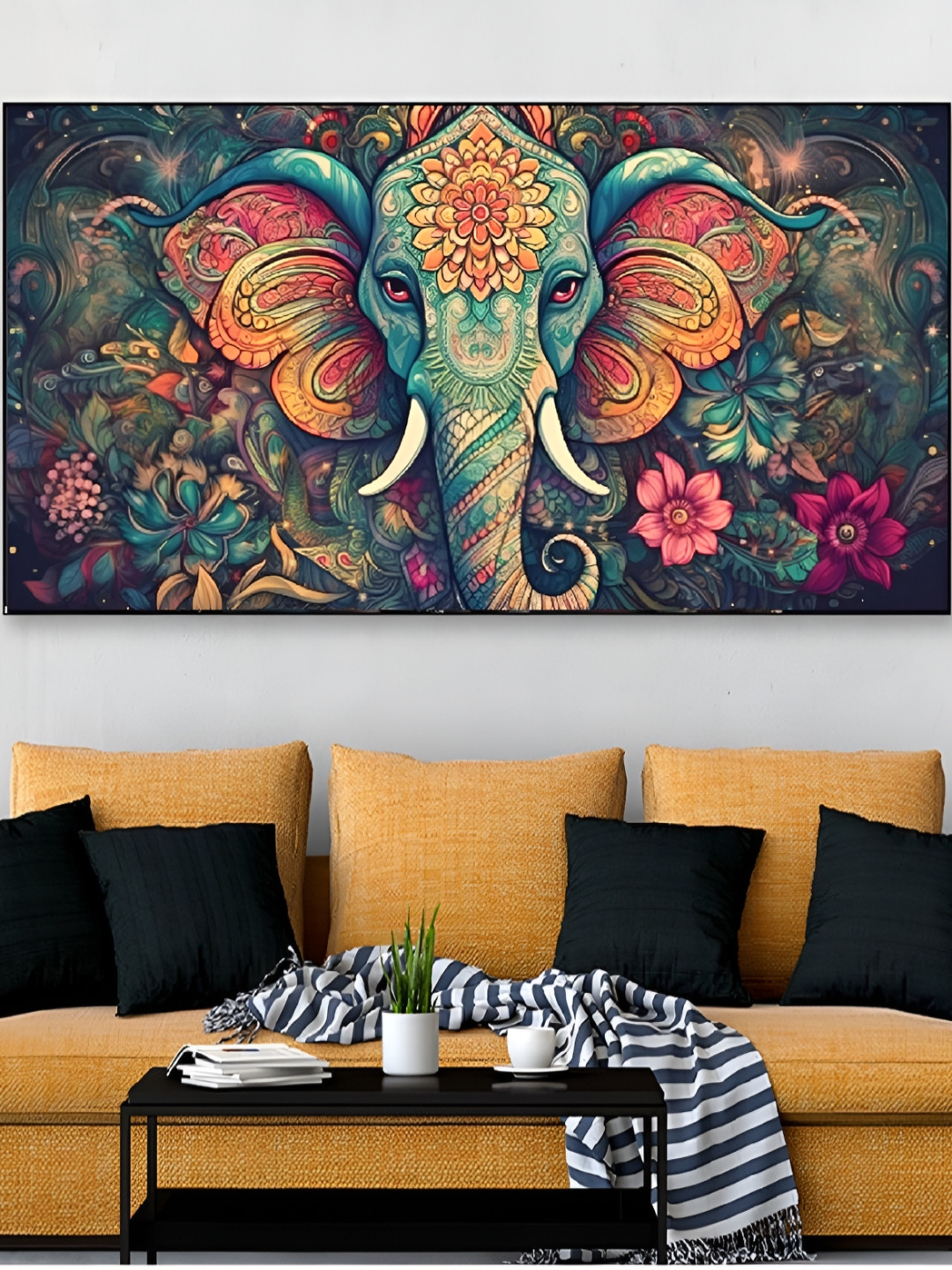 DEKORSTATION Blue & Pink Lord Ganesha Printed Canvas Wall Art
