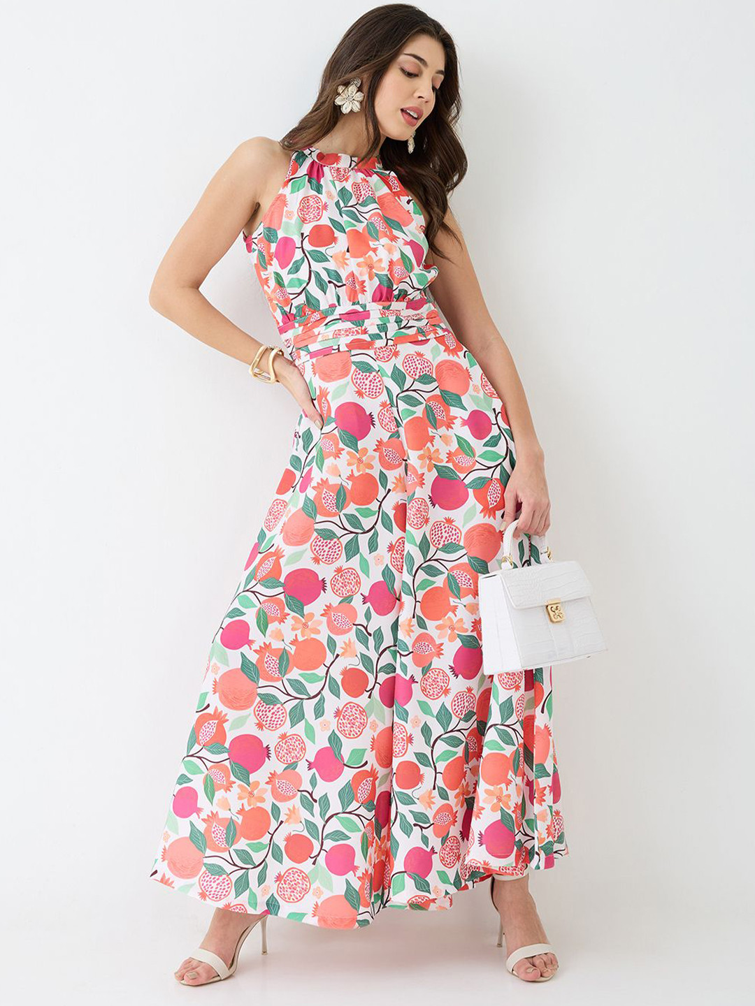 Globus Floral & Fruit Print Halter Neck Pleated Detail Flared Fusion Jumpsuit