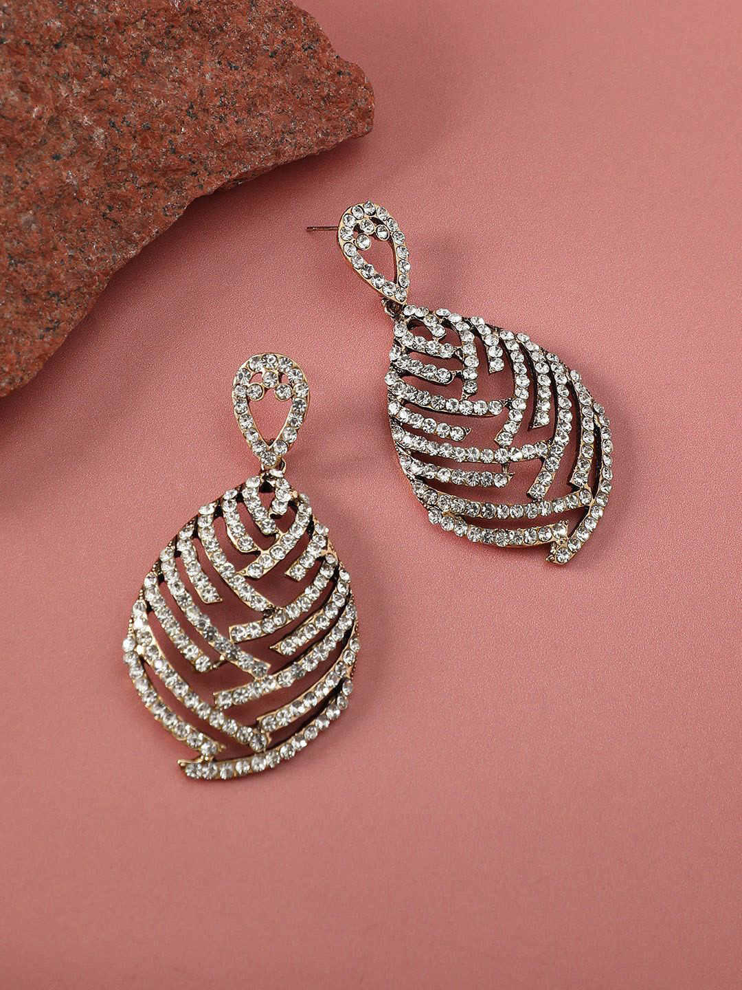 DressBerry Gold-Plated Artificial Stones Studded Contemporary Overlay Drop Earrings