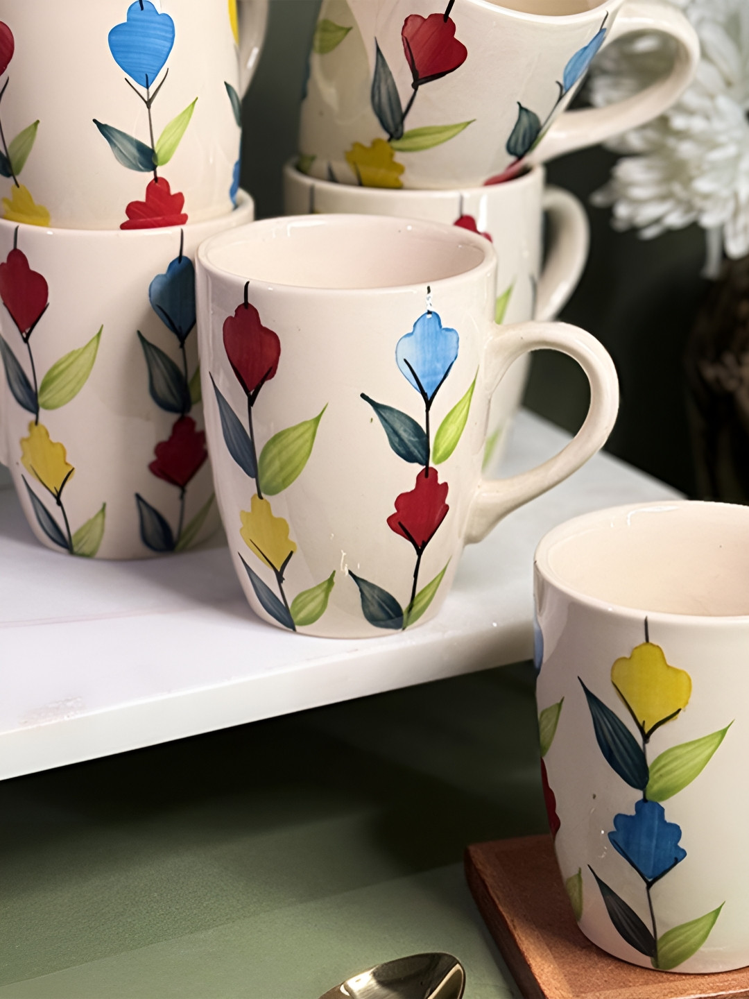 ARAVALII Floral White Floral Ceramic Microwave Safe 6 Piece Mugs-330ml