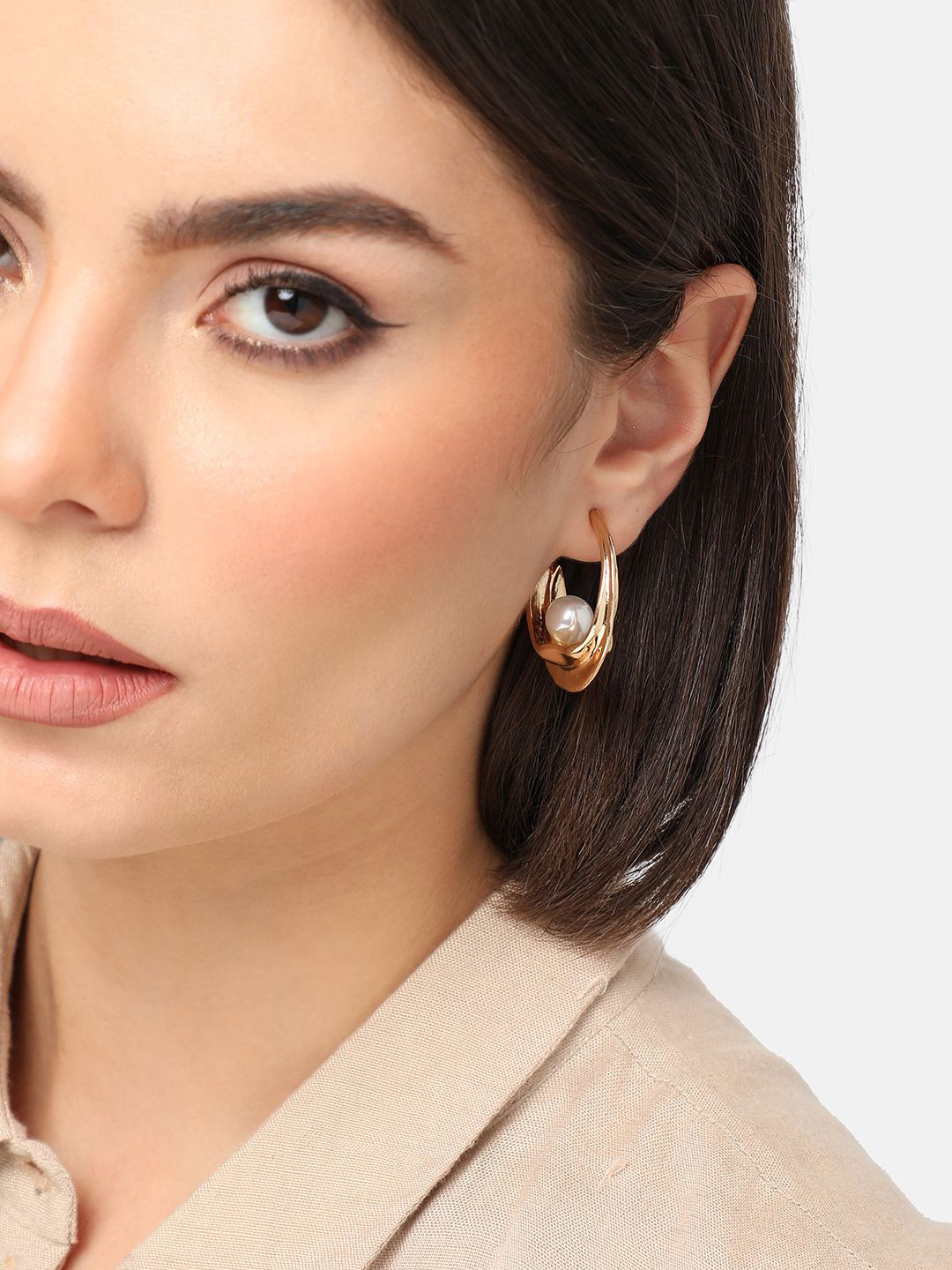 DressBerry Gold-Plated Artificial Beaded Circular Hoops Earrings