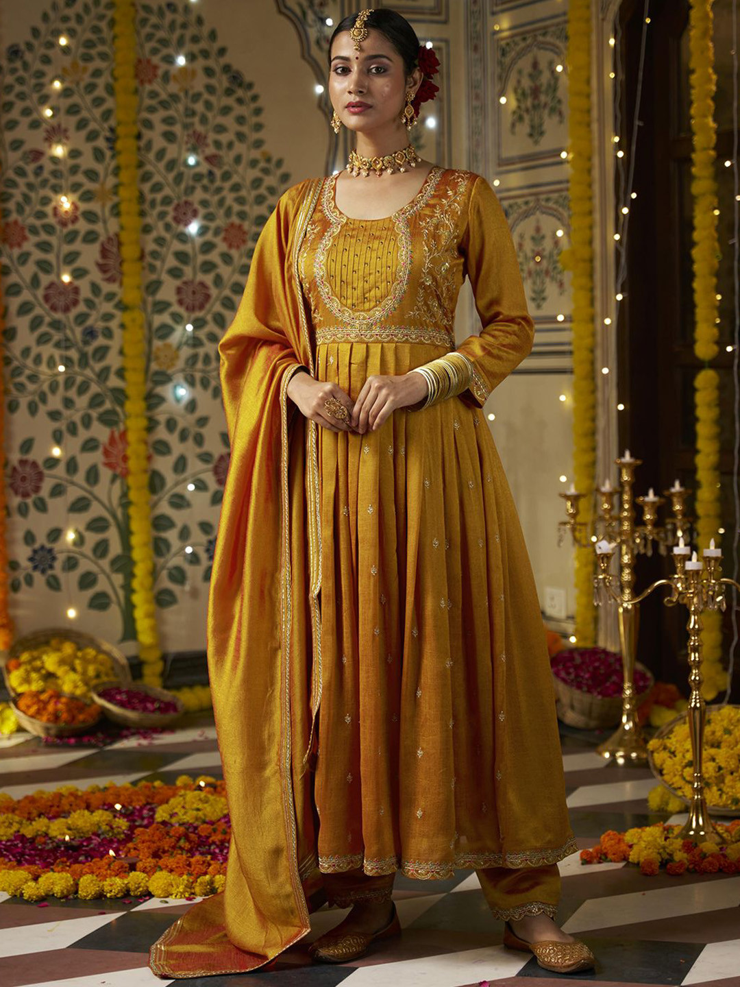 CHHAAP Women Floral Embroidered Pleated Sequinned Kurta with Trousers & With Dupatta