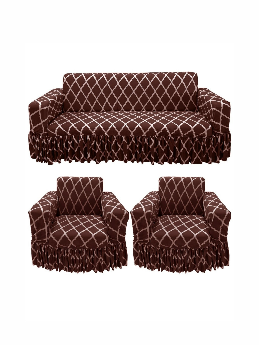 GIFTS ISLAND Brown & Off White Printed 5 Pieces Frill Sofa Cover With Arms