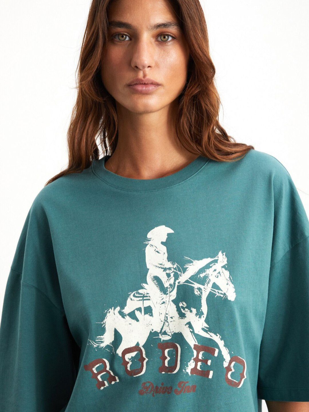 GRIMELANGE Typography Printed Boat Neck Extended Sleeves Raw Edge Cotton T-shirt