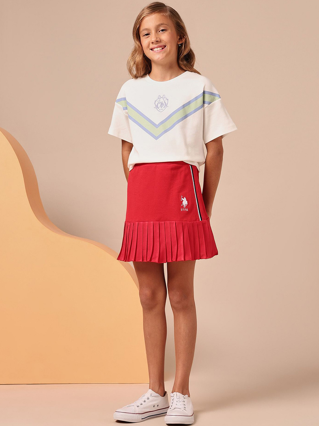 U.S. Polo Assn. Kids Girls Brand Logo High-Waist Pleated A-Line Mini Skirt