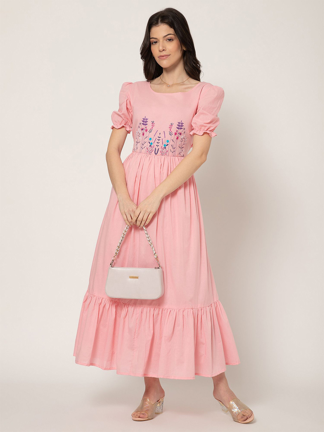 Bhavika Embroidered Puff Sleeve Cotton Dress