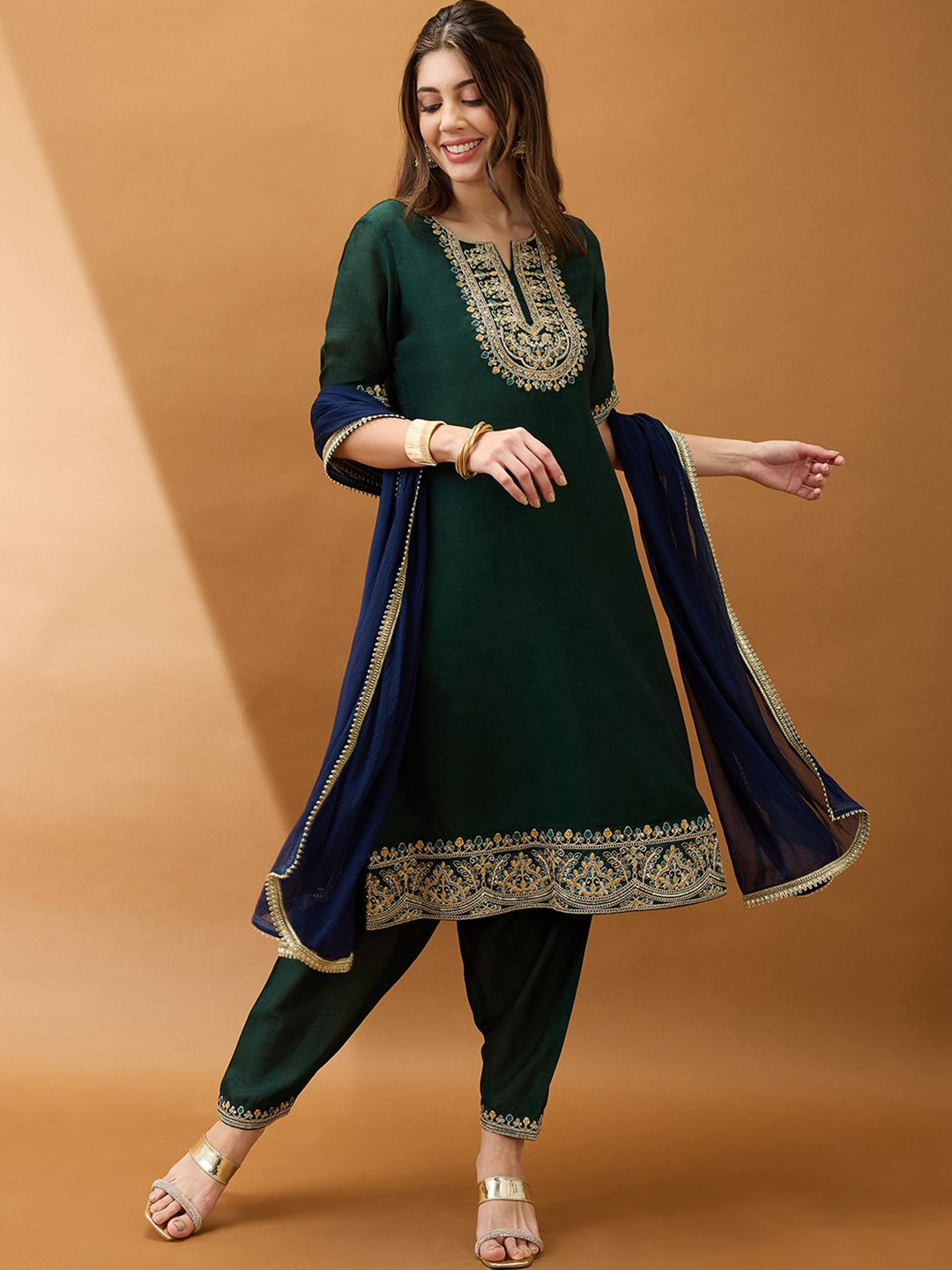 Globus Sequinned Zari Embroidered Yoke A-Line Kurta With Pant & Contrast Dupatta Set