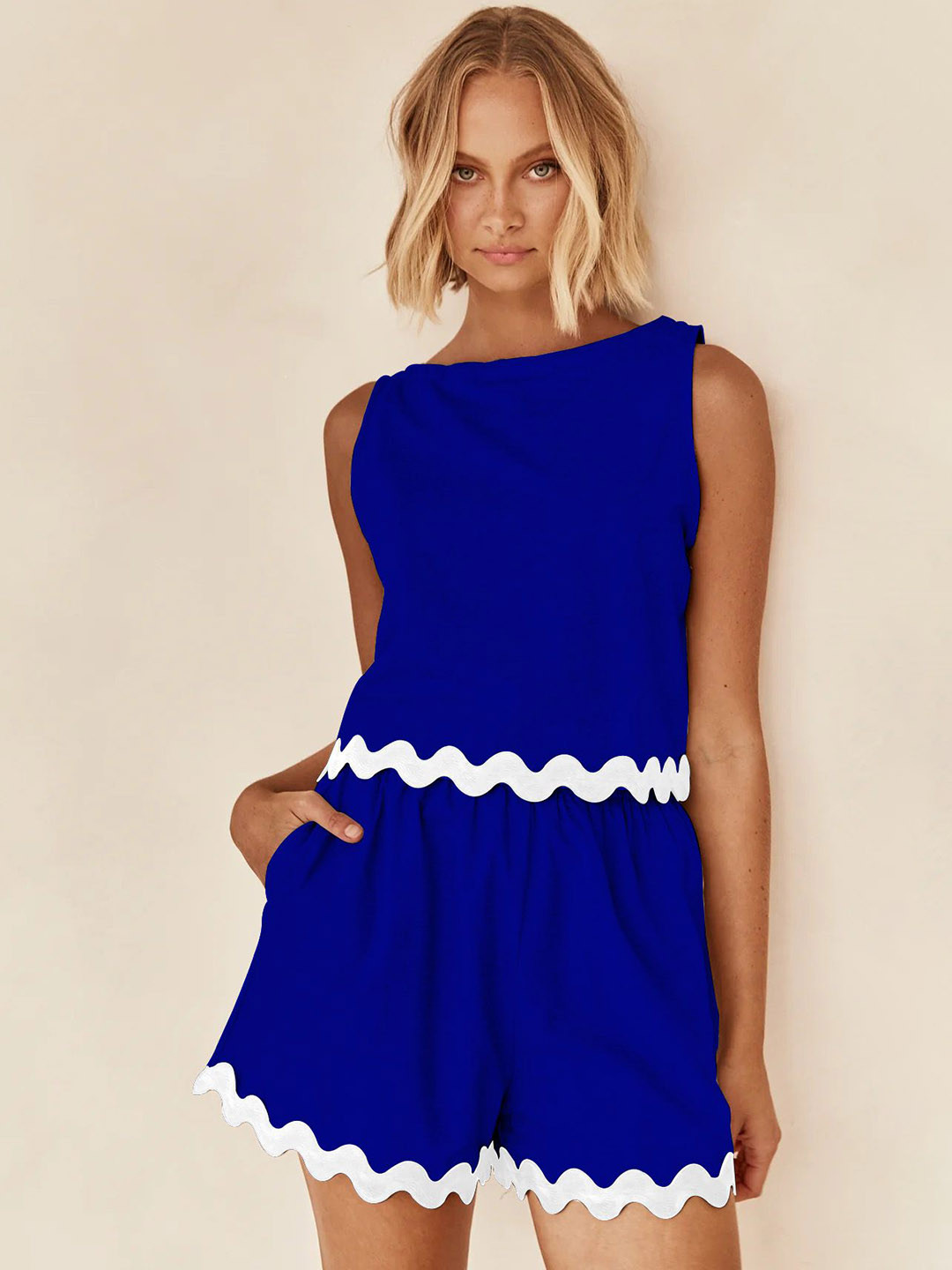 all about you Ruffle Waves Round Neck Top With Shorts Co-Ords