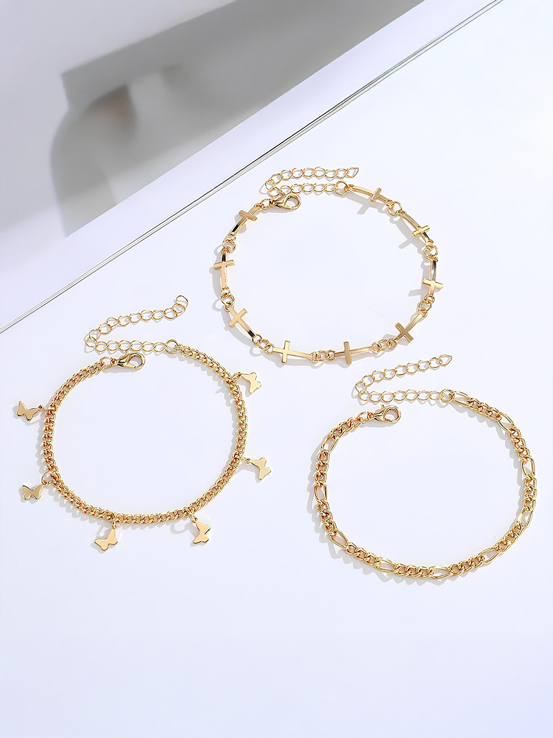 KARISHMA KREATIONS Set of 3 Gold-Plated Cross Chain Butterfly Charm Link Bracelets