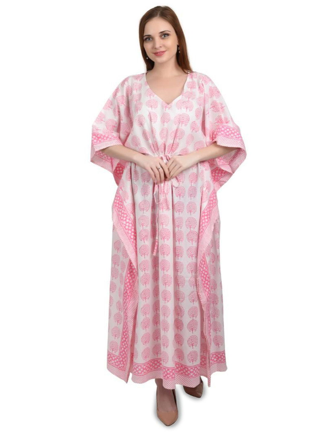 Fabric Venue Women Ethnic Motifs Print Cotton Tie-Ups Detail Kaftan Maxi Dress
