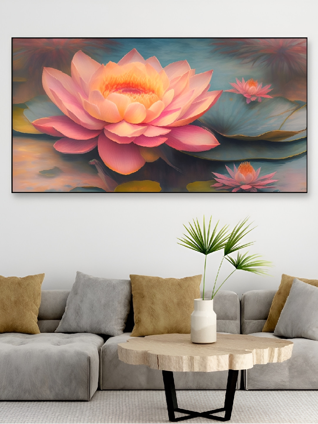 DEKORSTATION Pink & Blue Lotus Floral And Botanical Canvas Wall Art