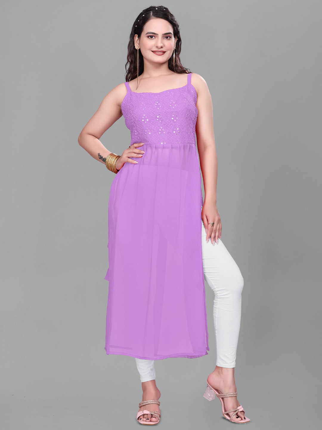 PARROT CREATION Floral Embroidered Shoulder Straps Sequinned Straight Kurta