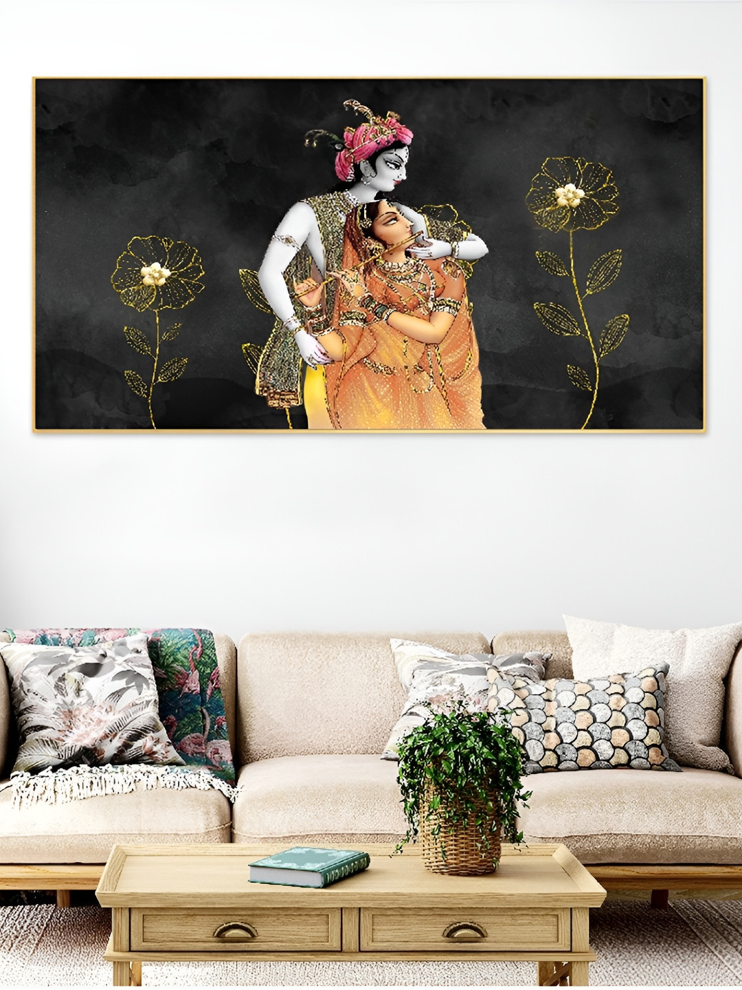 DEKORSTATION Yellow & Pink Radha Krishna Printed Religious Canvas Wall Art
