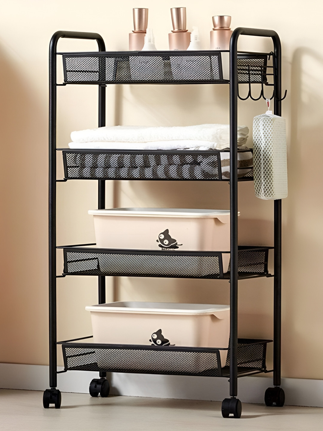 KriShyam Black 4-Tier Slim Metal Rolling Cart Utility Steel Kitchen Trolley