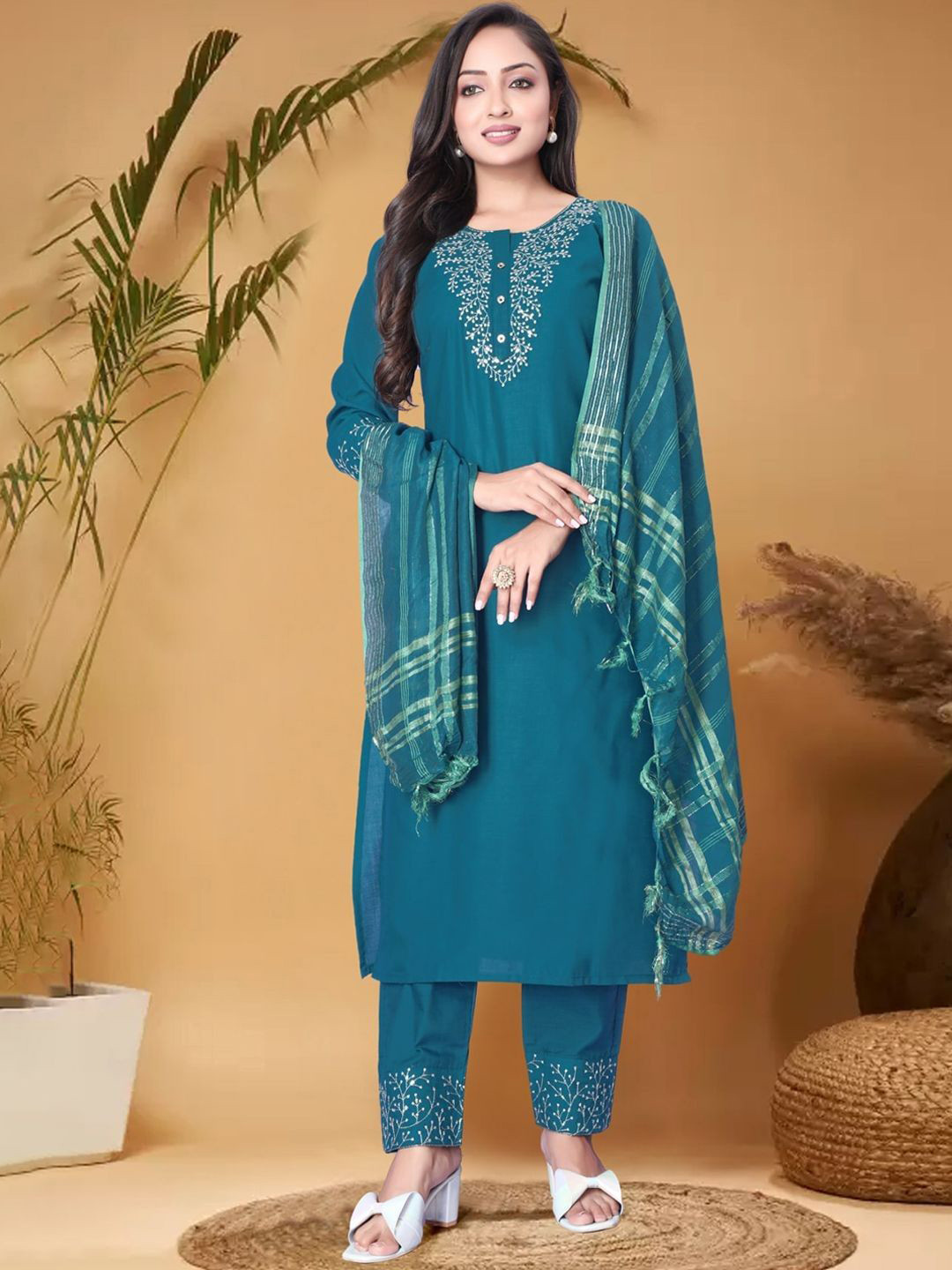 devkison Designer Women Paisley Embroidered Regular Kurta with Churidar & With Dupatta
