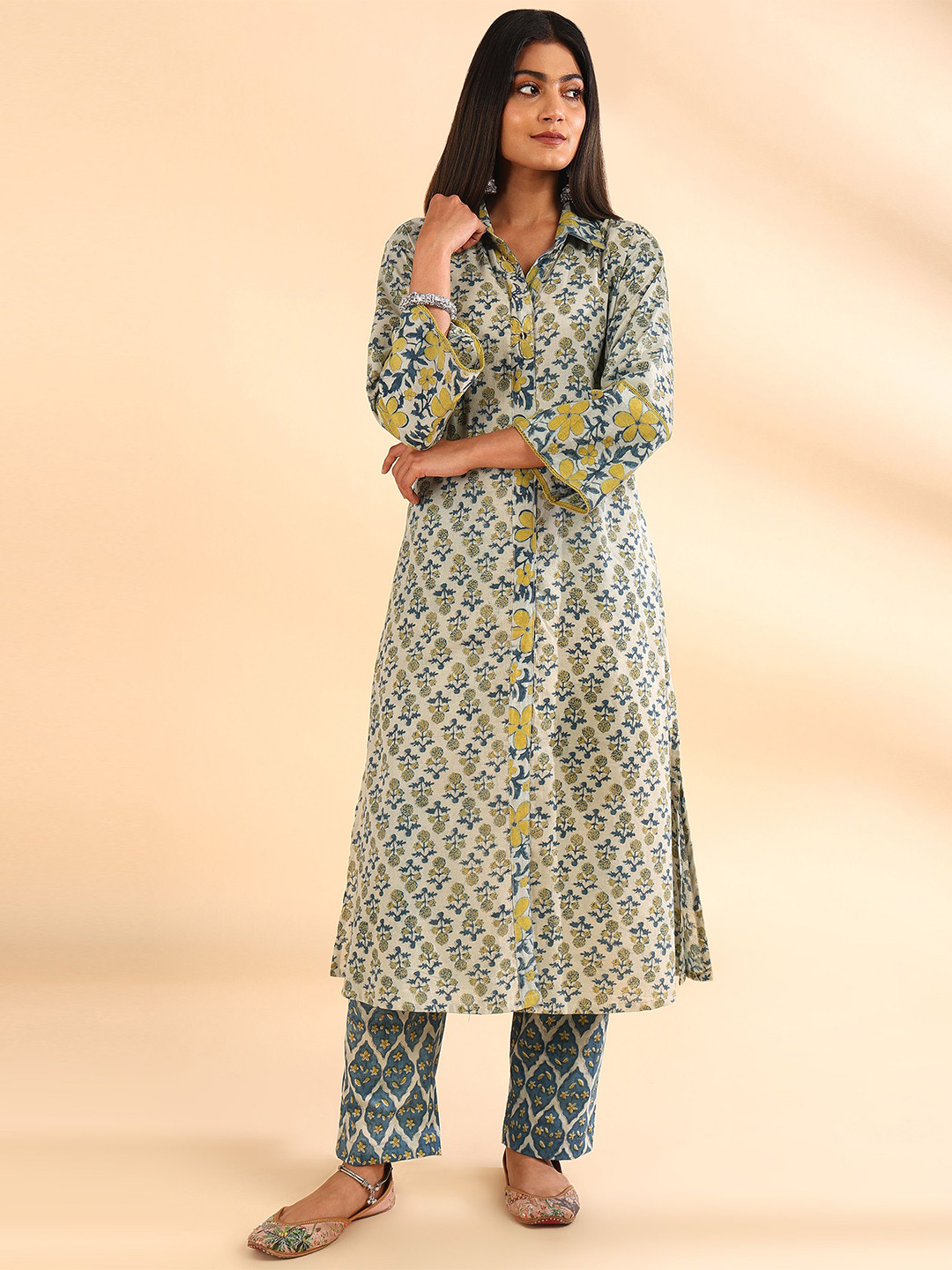 Tahiliya Blue Yellow Ajrakh Printed Front Open Kurta