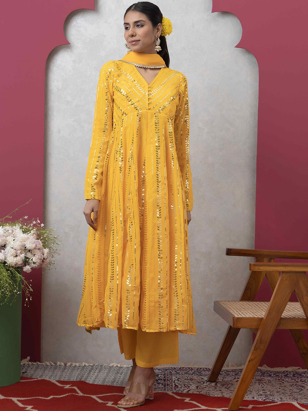 SMER Women Regular Sequinned Kurta with Trousers & With Dupatta
