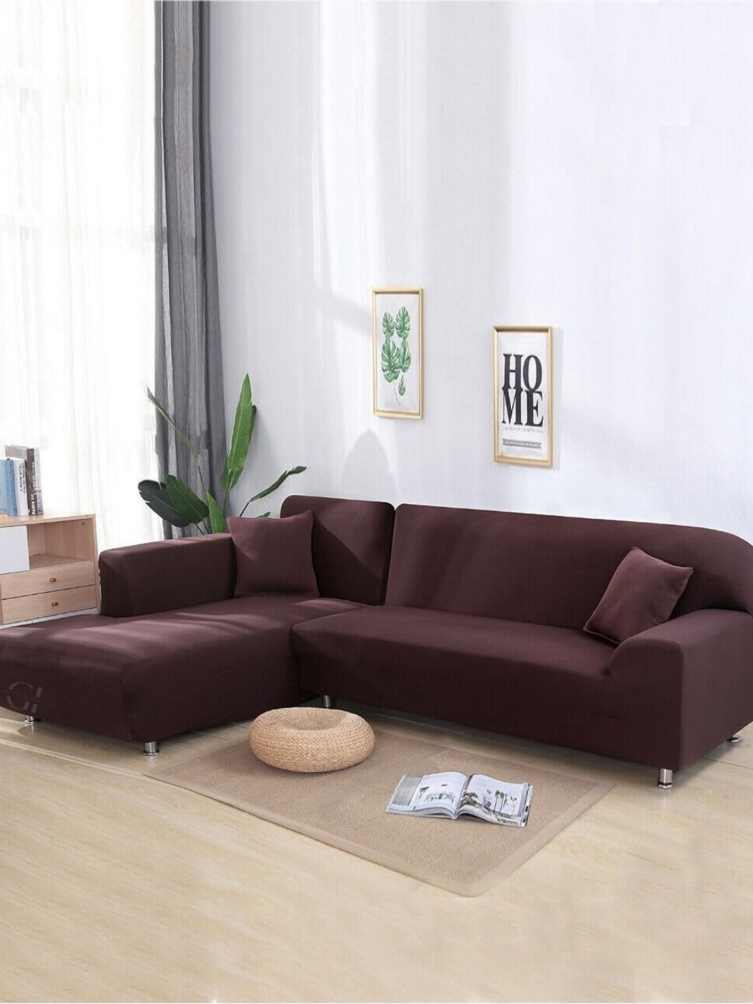 GIFTS ISLAND Brown 2 Pcs L Shaped 6 Seater Sofa Cover With Arms