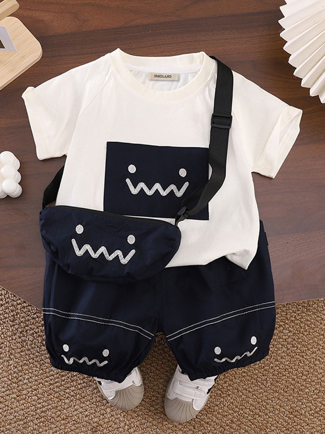 INCLUD Boys Printed Appliqued T-Shirt With Shorts & Sling Bag