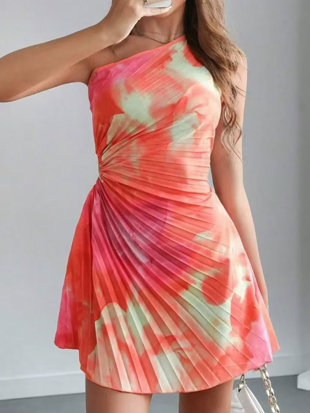 bebe Abstract Print One-Shoulder Ruched Mini Dress