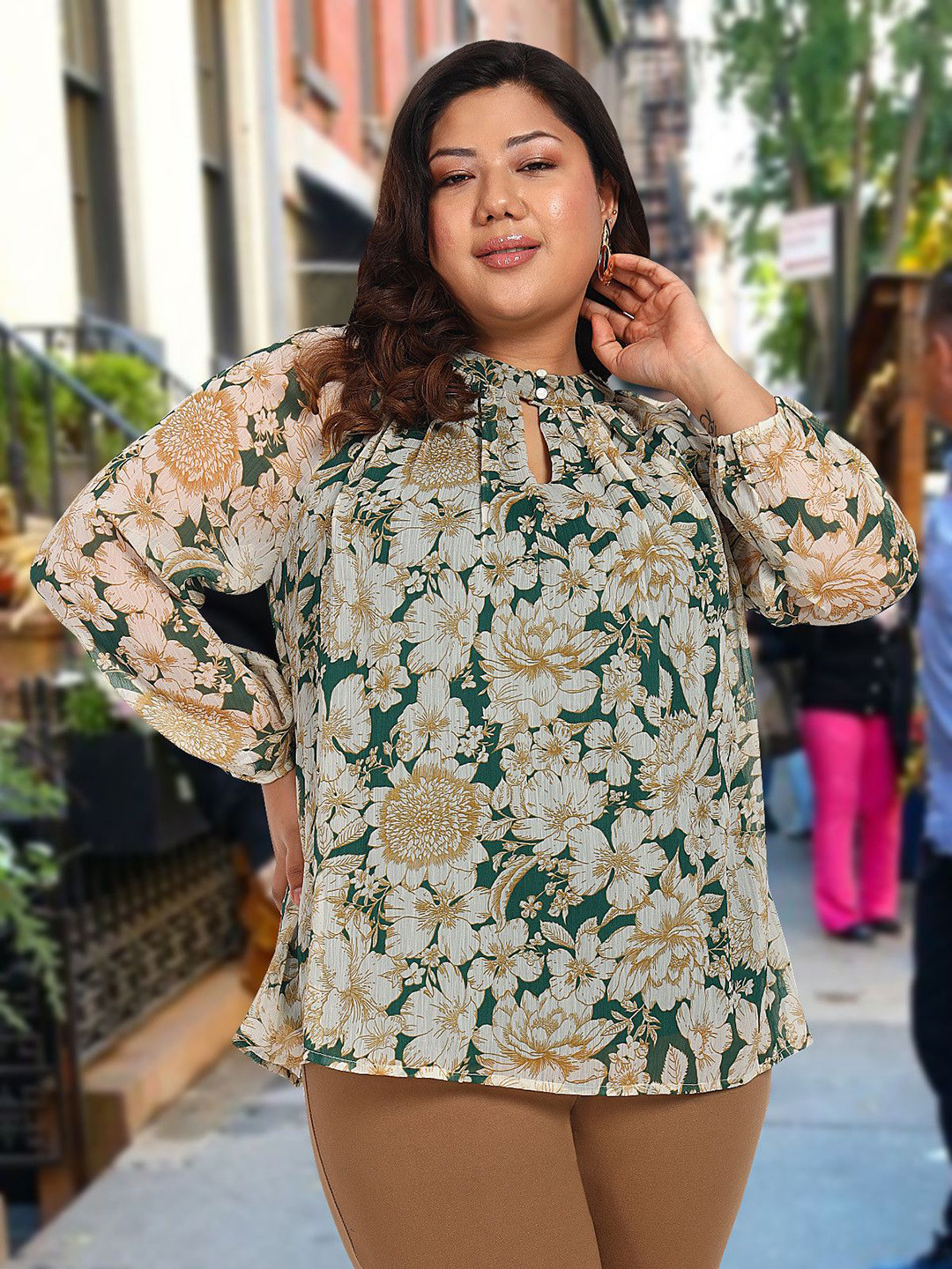 wild U Green Women Plus Size Floral Printed Regular Top