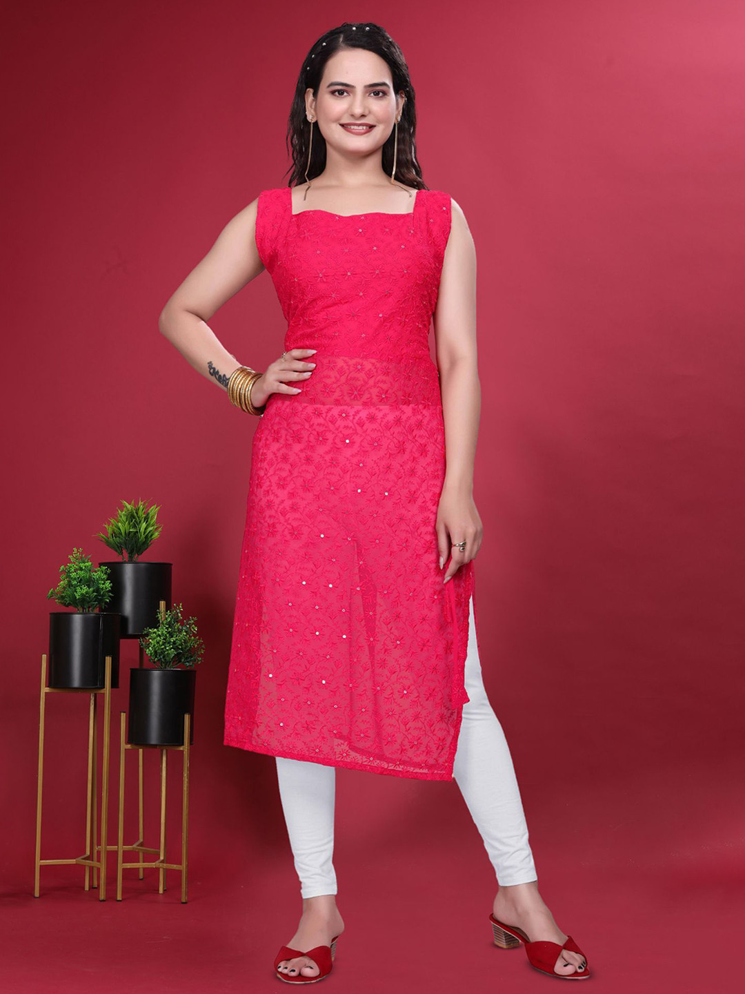 PARROT CREATION Floral Embroidered Sequinned Square Neck Straight High Slit Kurta