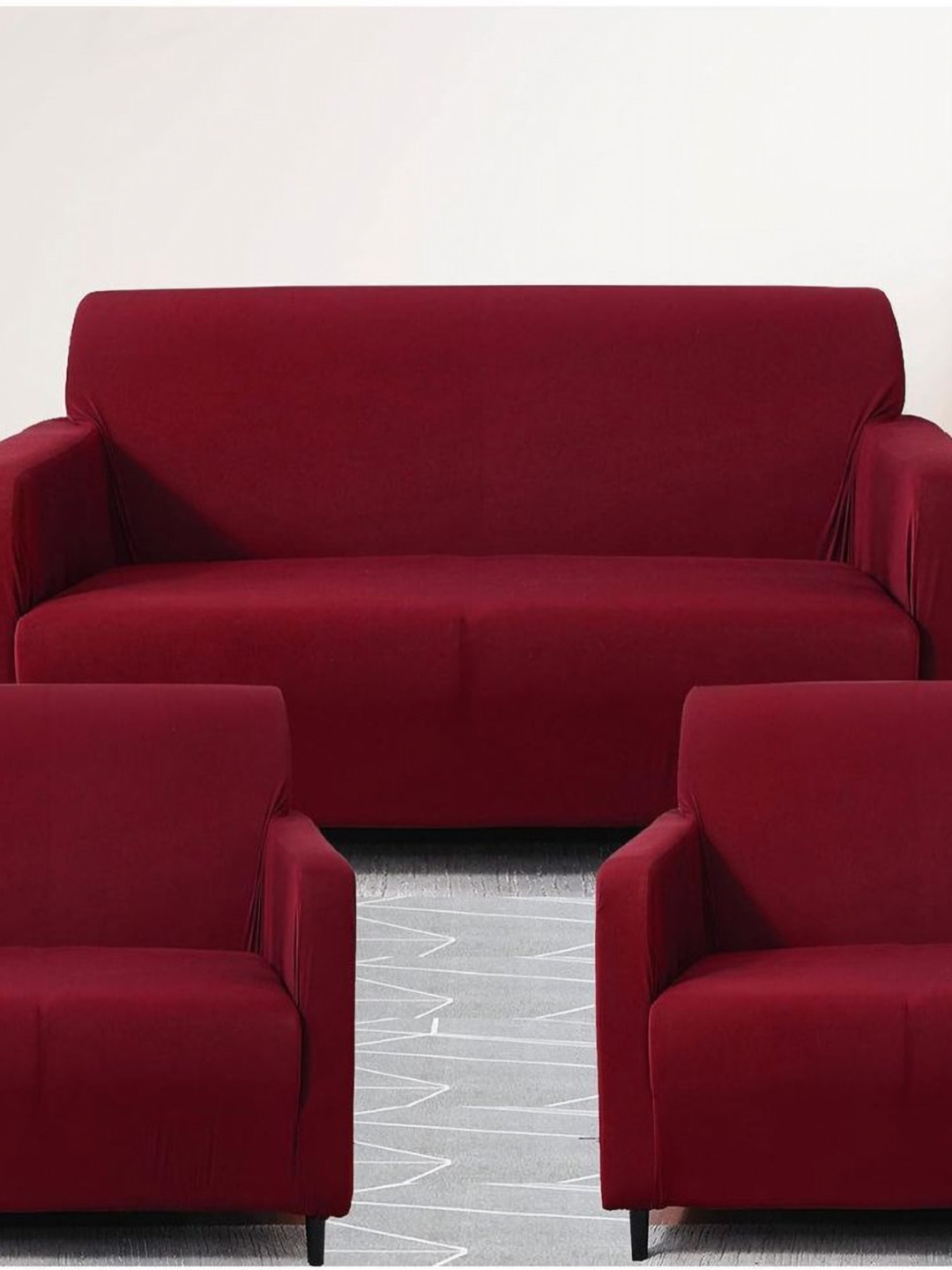 GIFTS ISLAND Maroon Solid Polyester 3 Piece Sofa Cover With Arms