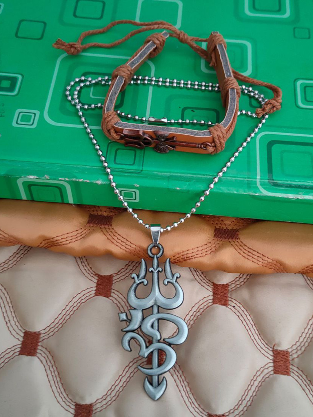 M Men Style Silver-Plated Contemporary Pendants With Leather Bracelet