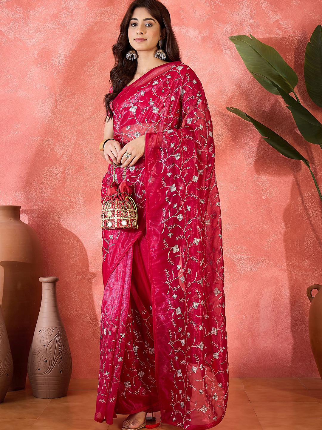 SHADOW & SAINING Embroidered Work Sequinned Net Saree