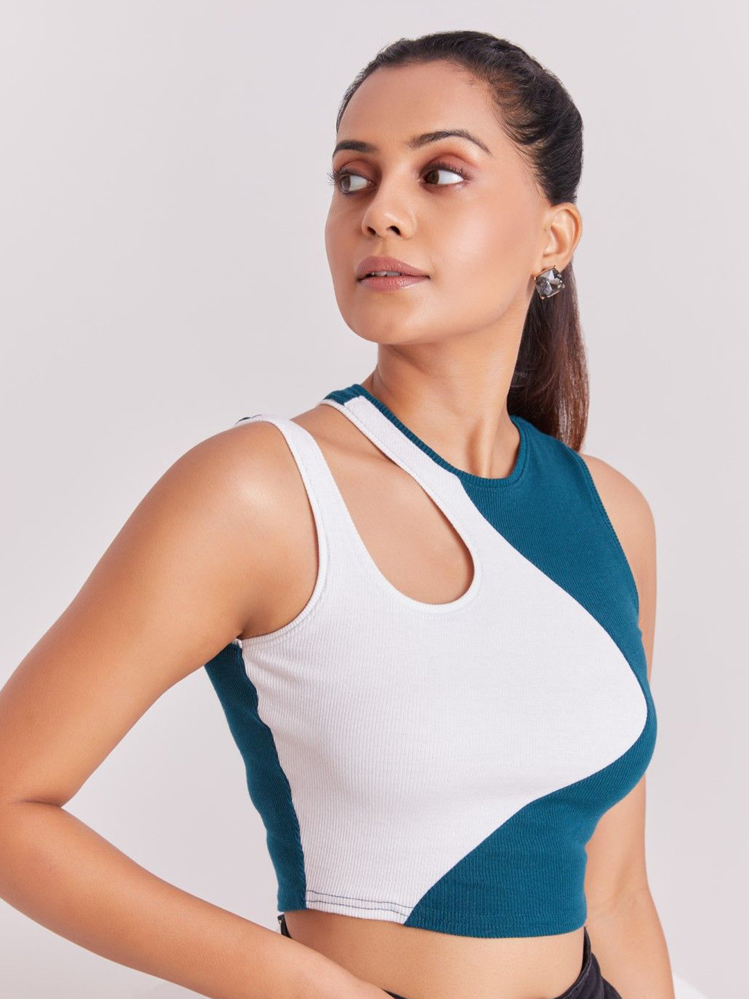 The Cloth Crow Women Colourblocked Round Neck Crop Top