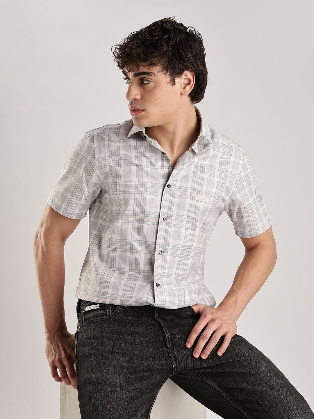 Calvin Klein Tartan Checks Spread Collar Cotton Slim Fit Twill Casual Shirt
