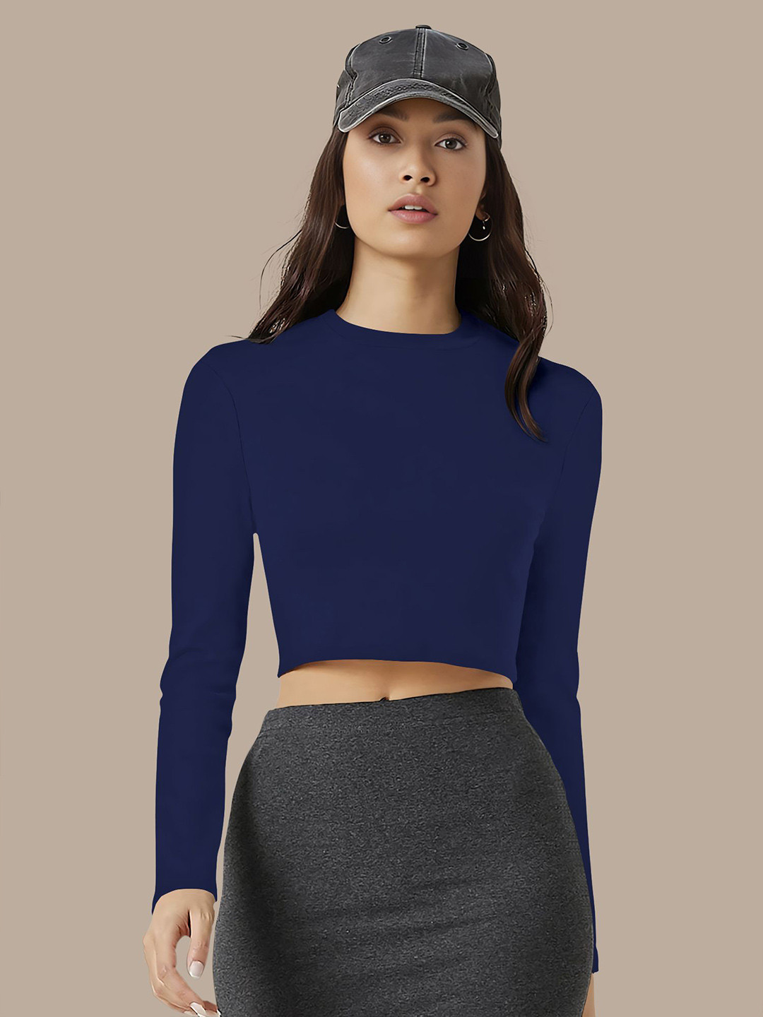 Dream Beauty Fashion top-169-tally-navyblue Women Solid Round Neck Long Fitted Crop Top