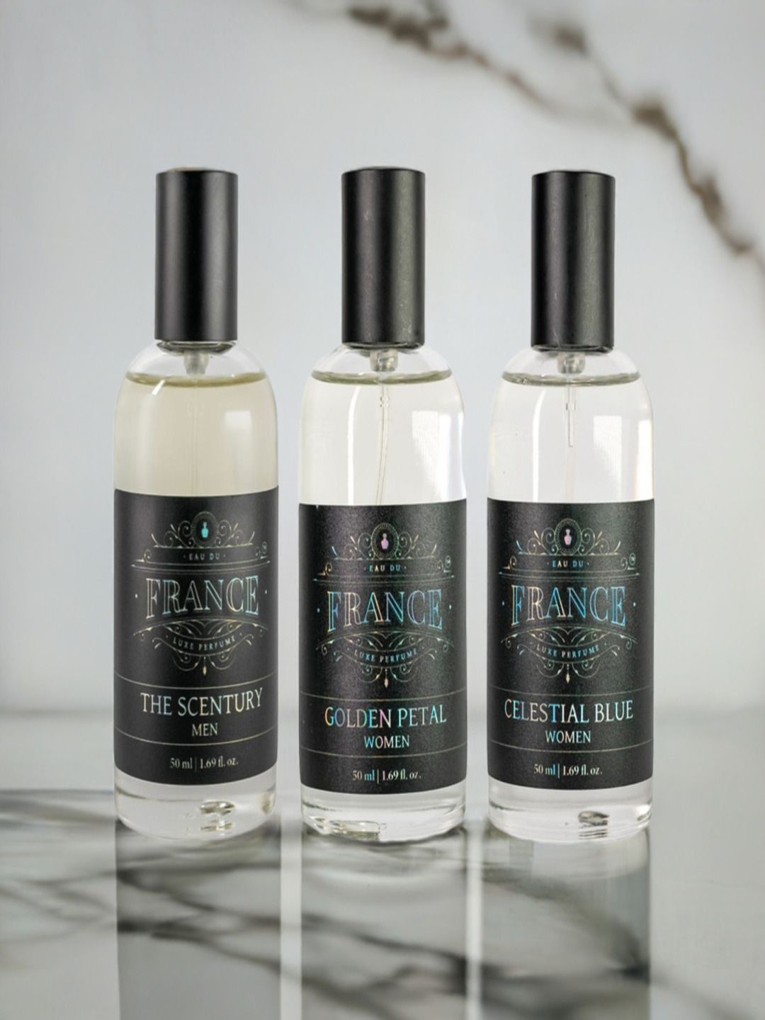 Eau DuFrance Set Of 3 The Scentury Golden Petal & Celestial Blue Eau De Parfum - 50ml Each