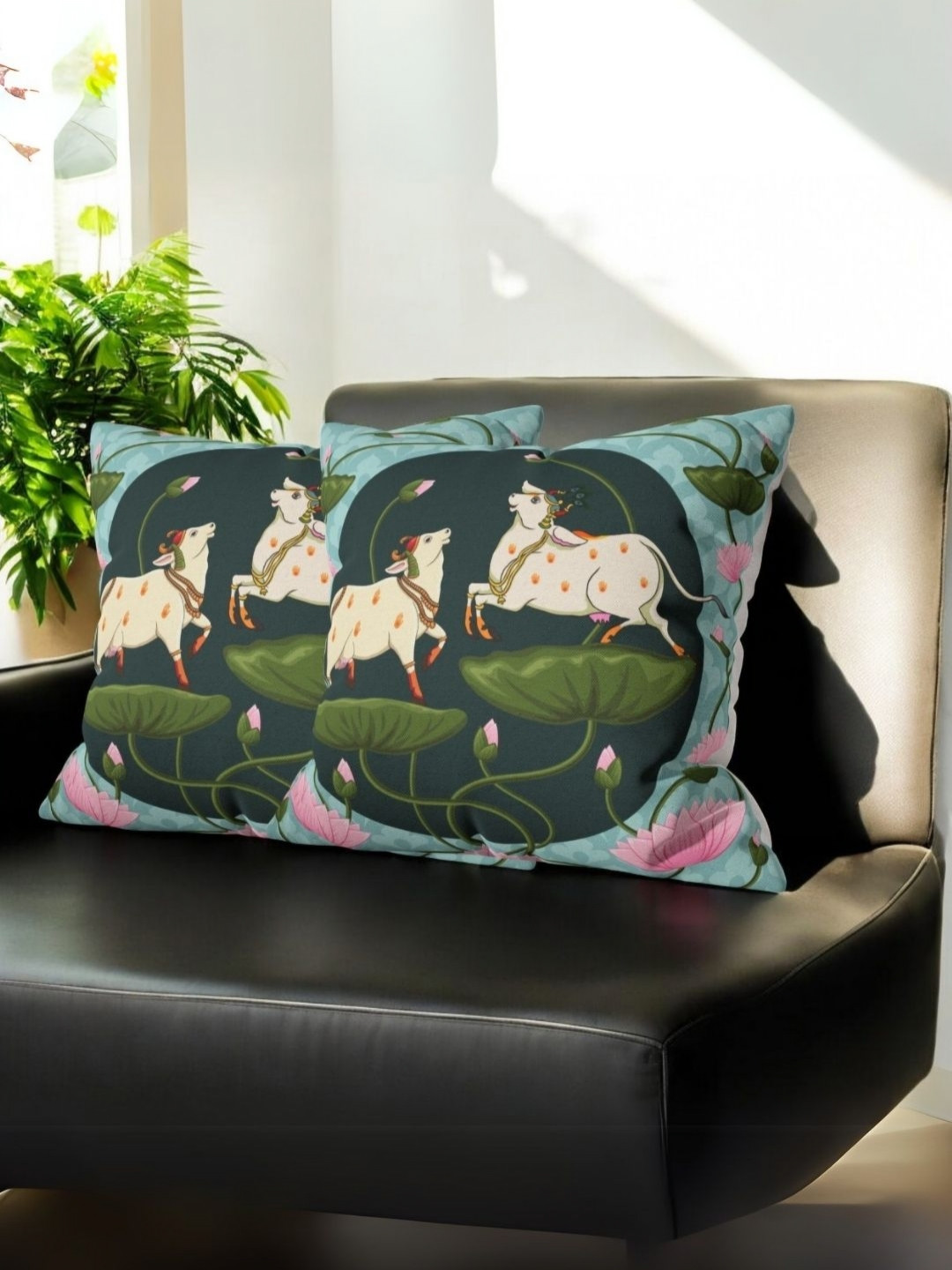 LUSHLYF Divine Lotus Ethnic Motifs Polyester Silk Washable 2 Pcs Cushion Covers -16x16In