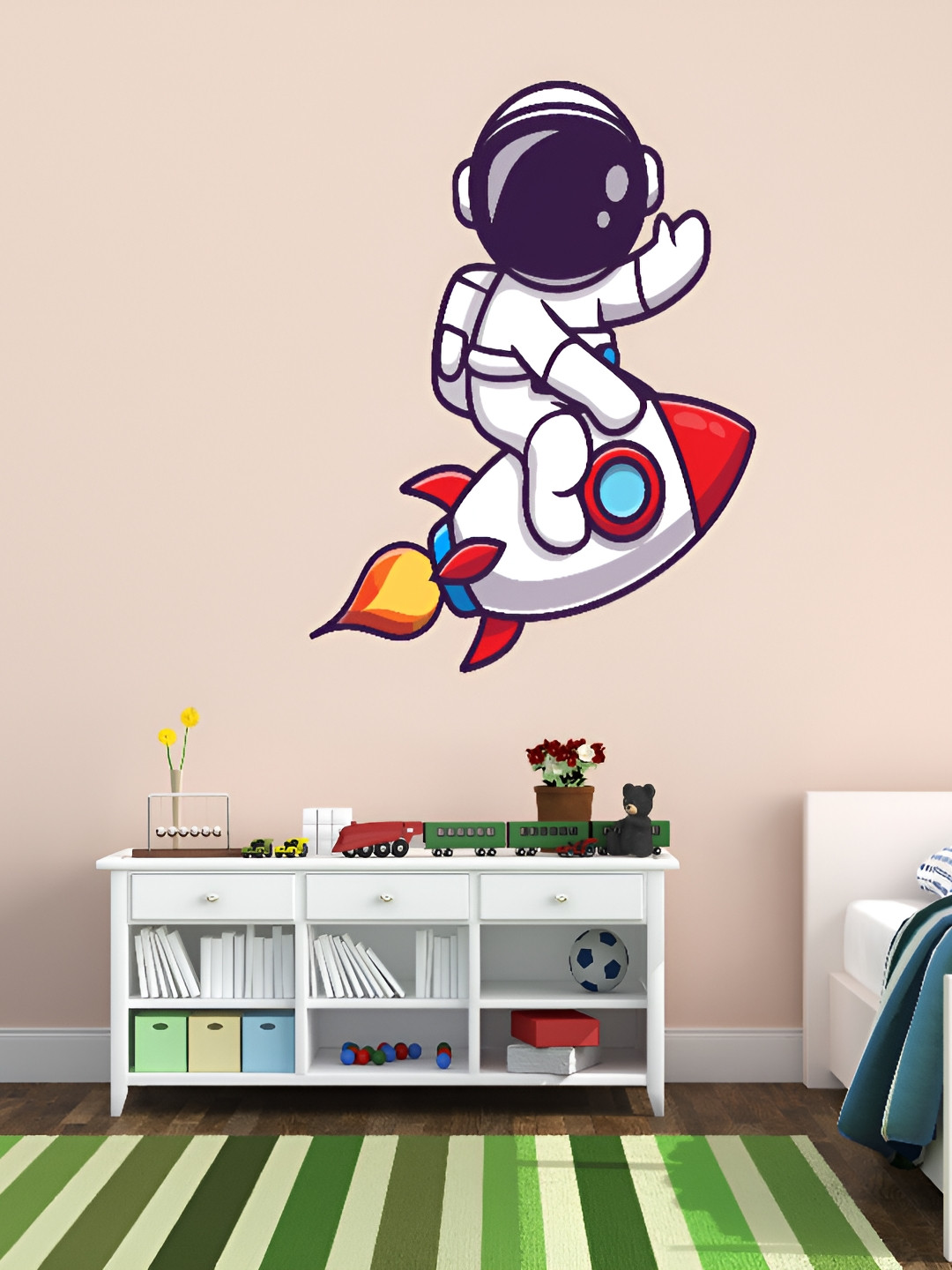 LANSTICK White & Red Astronut Riding On A Rocket Self Adhesive Wall Sticker