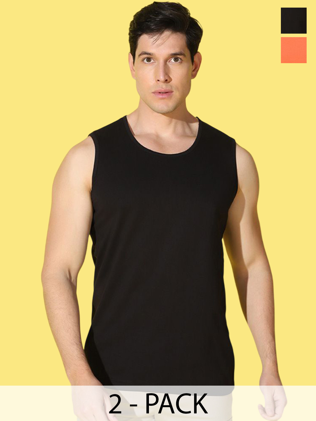 WOOSTRO Pack Of 2 Printed Combed Cotton GymInnerwear VWS26(BKLN ORANGE)(PLAIN BLACK)