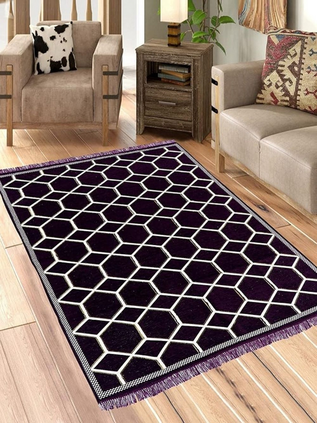 RADECOR Purple & White Geometric Anti-Skid Chennille Carpet