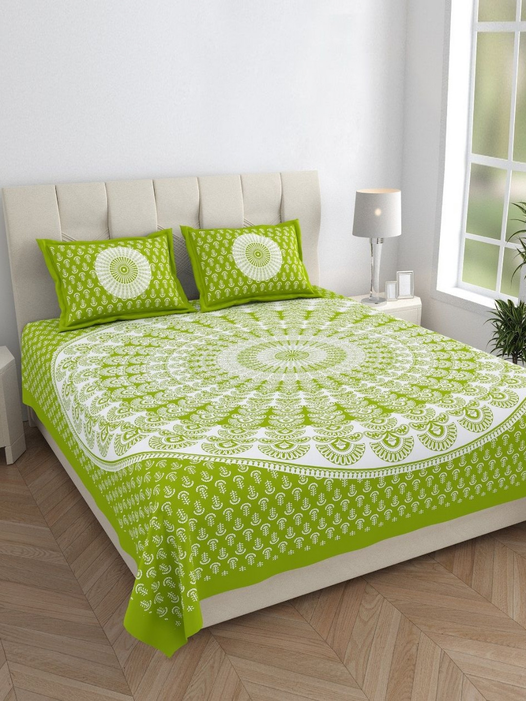 HOMELINE Jaipuri Green Ethnic Motifs Cotton 144 TC King Bedsheet with 2 Pillow Covers-900 x 1032 inches