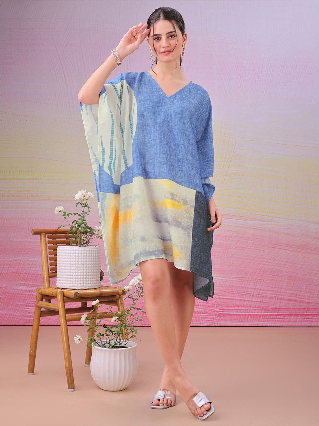 LABEL AARNA Abstract Eclipse Muslin Cotton Short Kaftan Dress