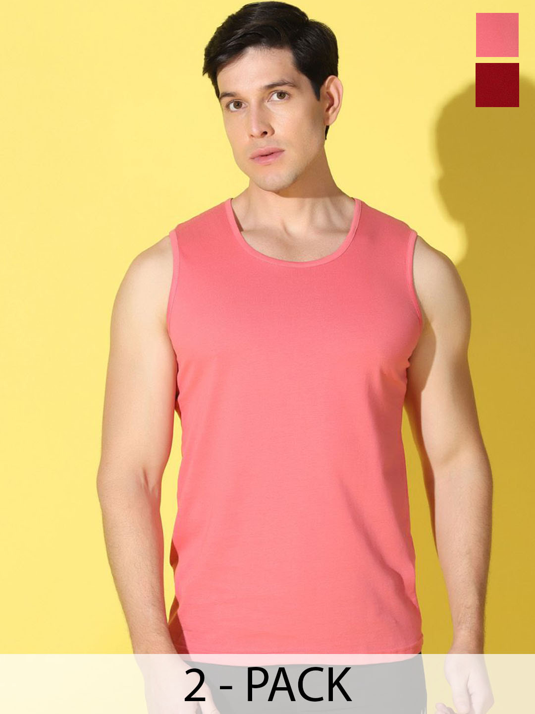 WOOSTRO Pack Of 2 Printed Combed Cotton Gym Vests -VWS26(PLAIN PEACH)(HARD MAROON)