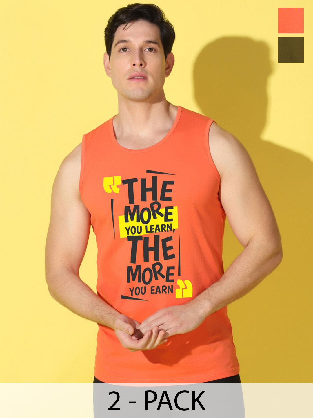 WOOSTRO 2-Pcs Odour-Free Combed Cotton Innerwear Vests VWS26(MORE ORANGE)(PLAIN OLIVE)