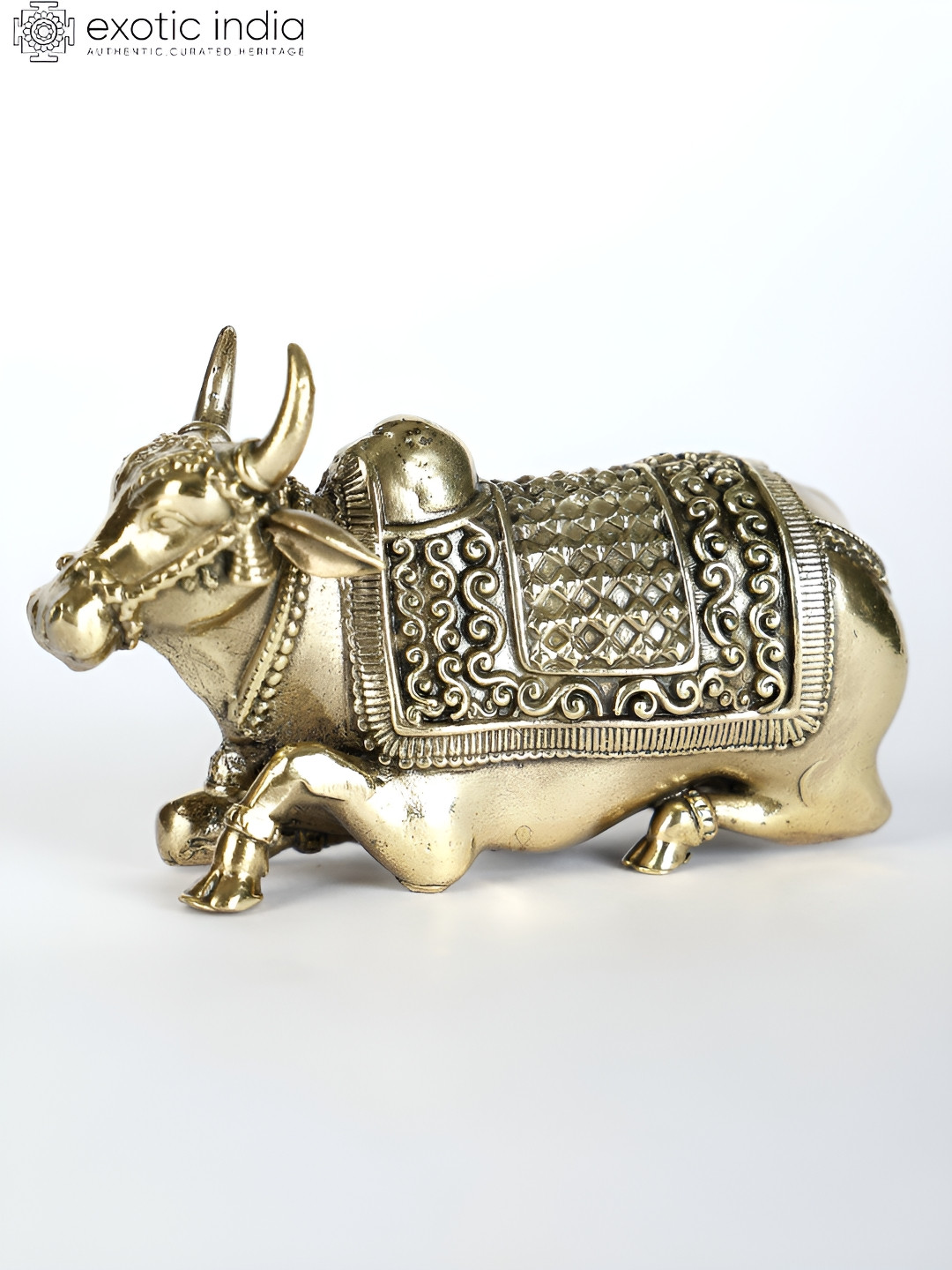 Exotic India Nandi-Vahana Of Lord Shiva Gold Brass Metallic Prayer Room Tiny Showpiece - 0.8 Inches