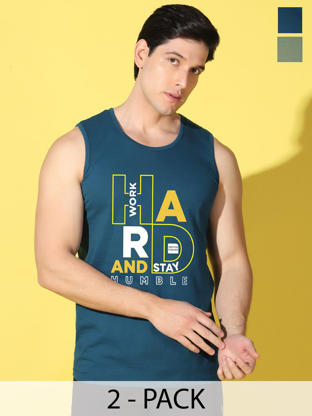 WOOSTRO Pack Of 2 Printed Combed Cotton Gym Vests - VWS26(HARD PEACOCK)(RUN LGTGREEN)