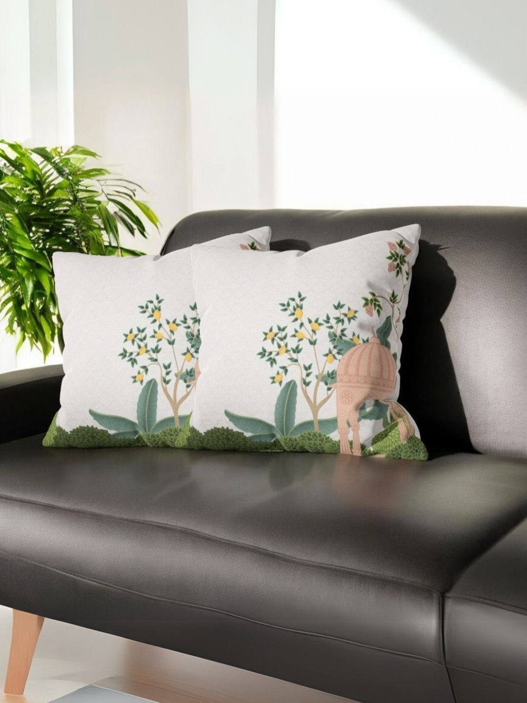 LUSHLYF White & Green Royal Peacock Printed Velvet Square Cushion Cover