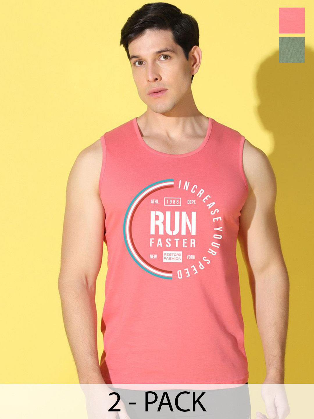 WOOSTRO Pack Of 2 Printed Combed Cotton Gym Vests -VWS26(RUN PEACH)(PLAIN LGTGREEN)