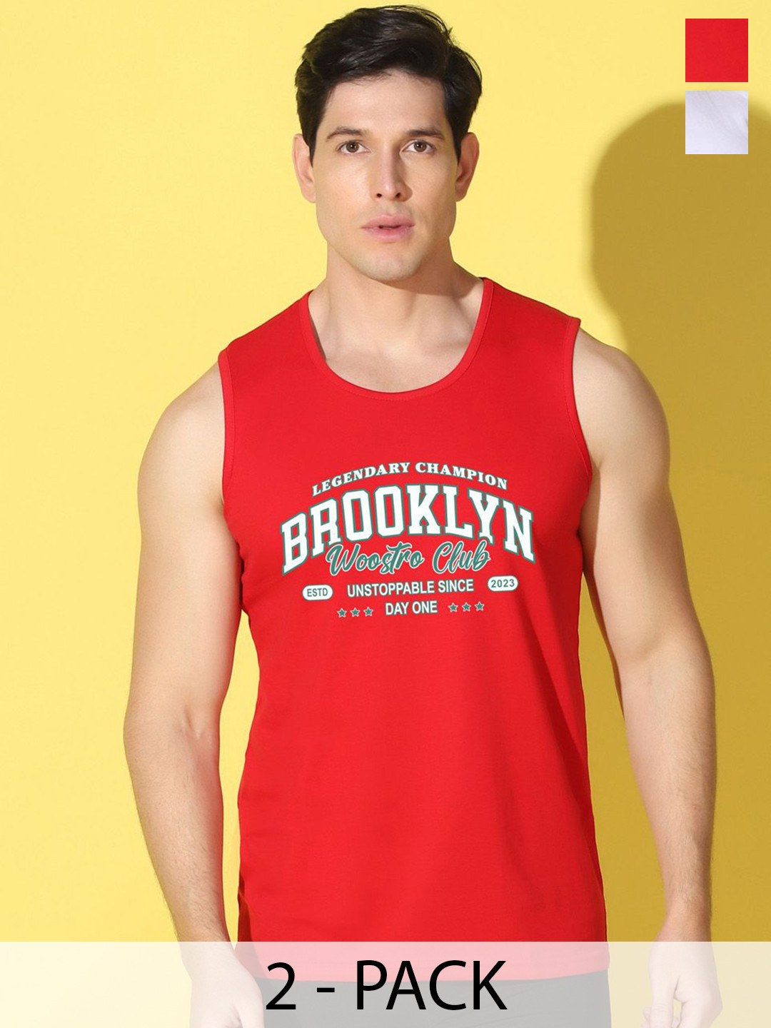 WOOSTRO 2-Pc Printed Odour-Free Cotton Innerwear Vests VWS26(BKLN RED)(BKLN WHITE)