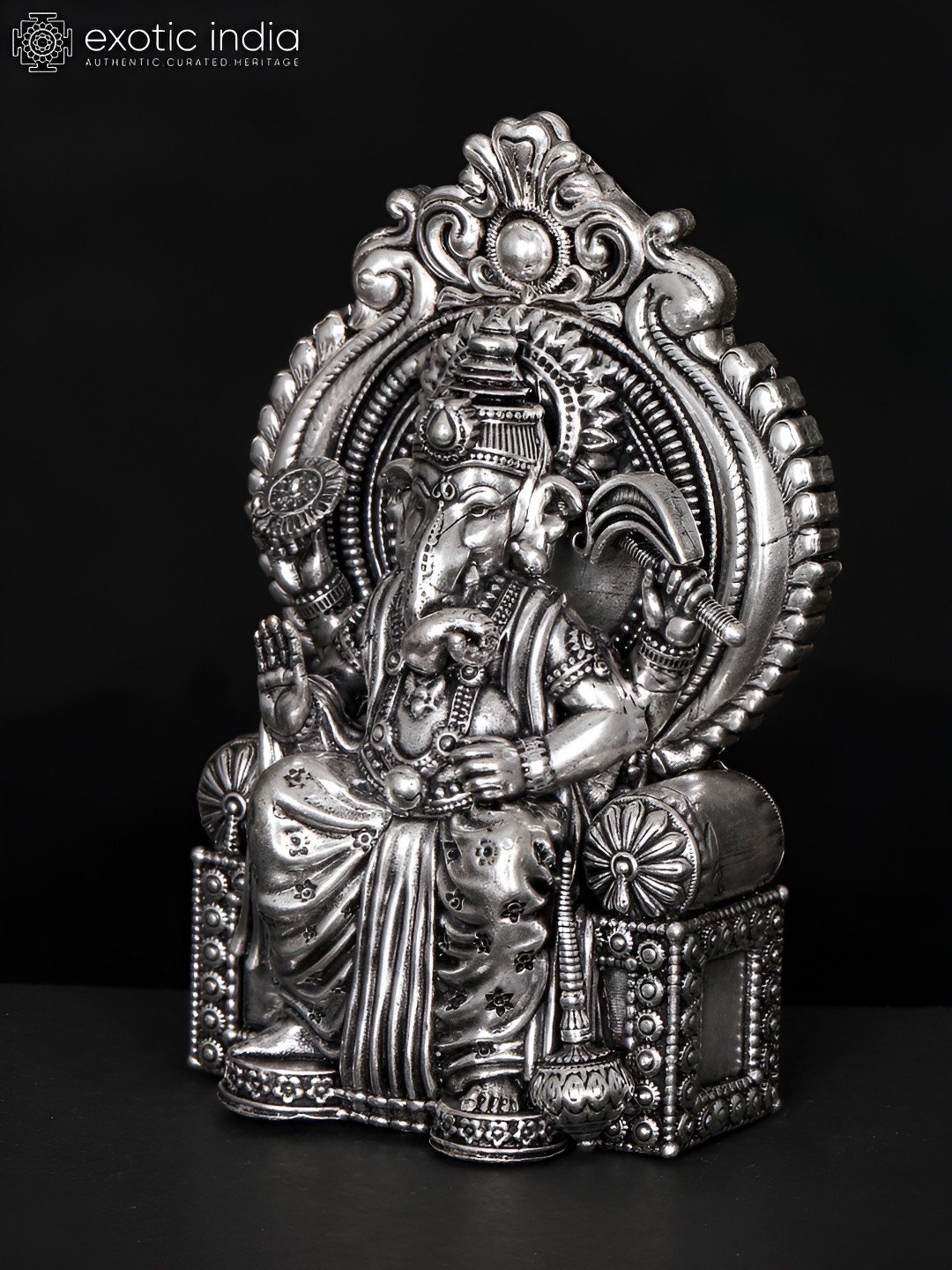 Exotic India Lalbaugcha Raja Ganesha Silver Brass Metallic Prayer Room Small Showpiece - 4 Inches