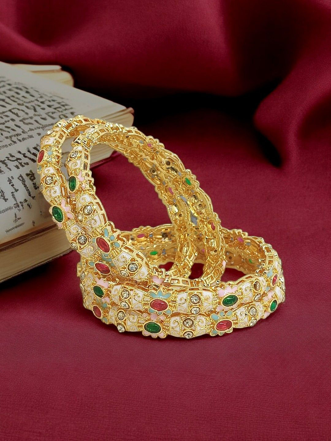 FEMMIBELLA Set Of 4 Gold-Plated Kundan Studded Meenakari Bangles