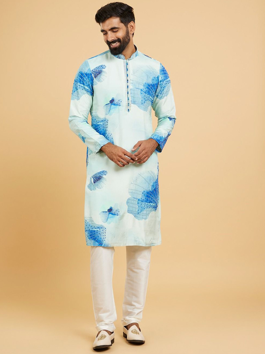 Twamev Men Dyed Regular Beads and Stones Kurta with Churidar