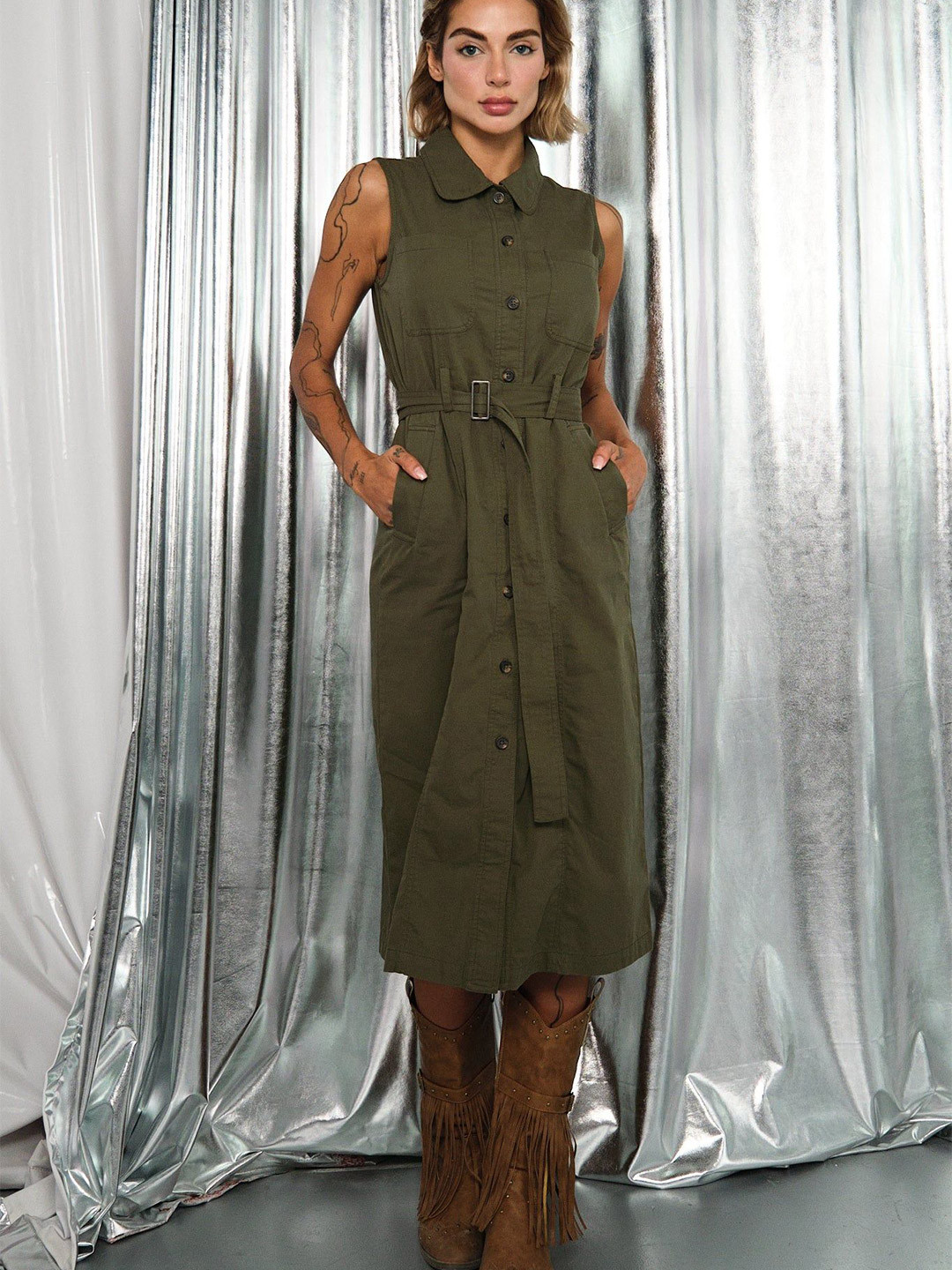 Virgio Pure Cotton Front Open Twill Dress With Belt